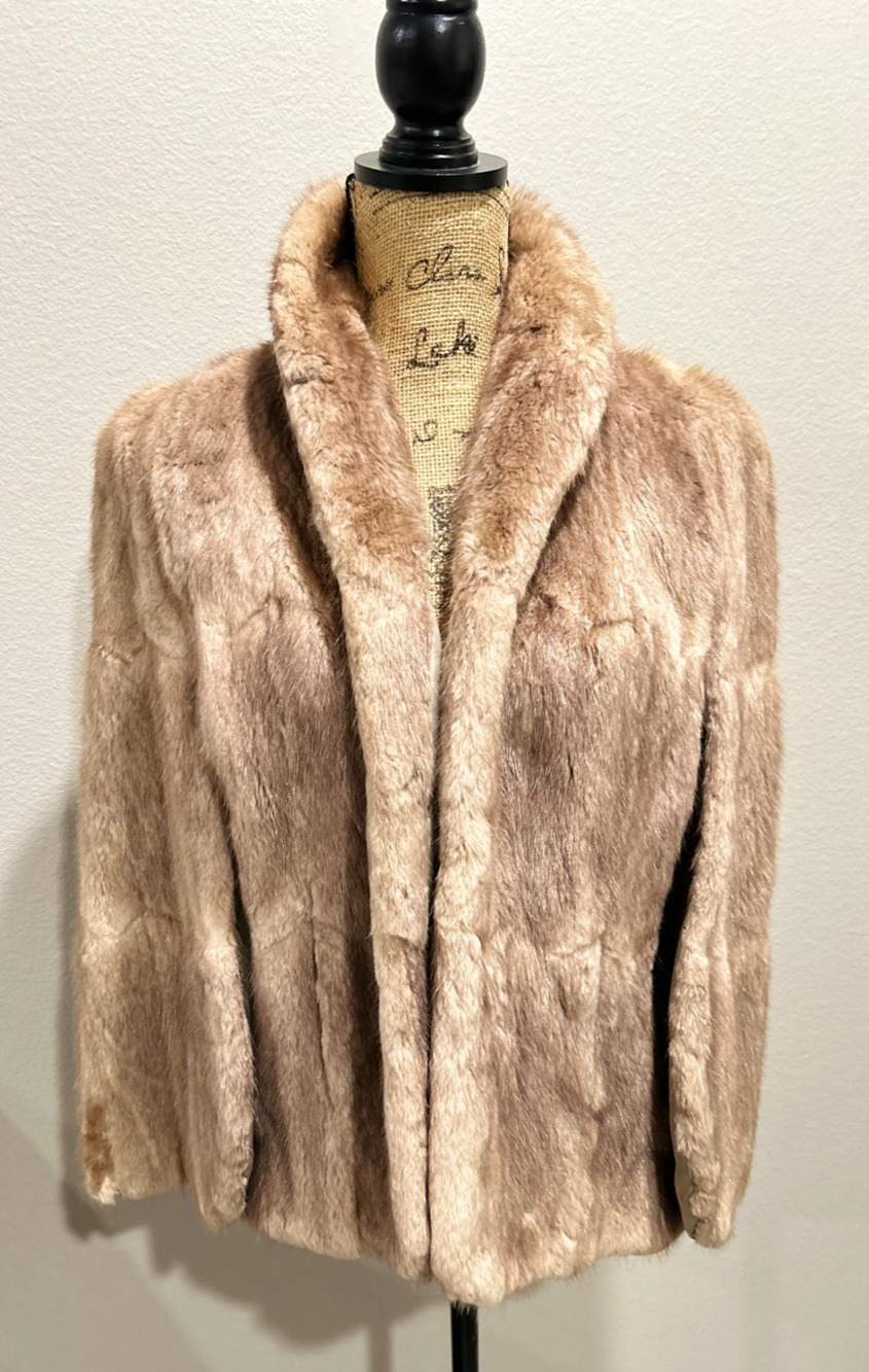 Vtg Mink Fur Stole Wrap Collar Pockets Cape Shawl 1940s Floral Lined Sz Lrg